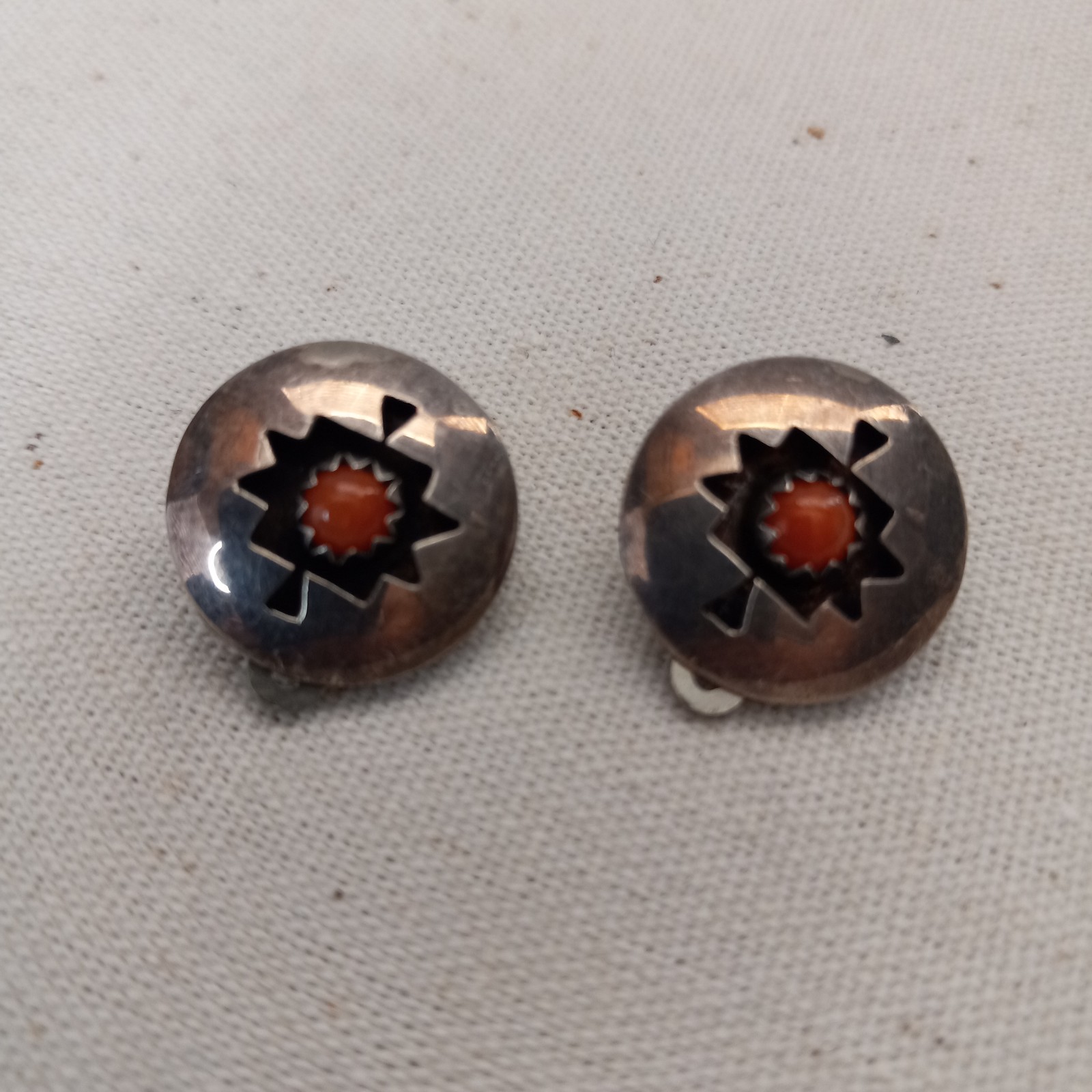 Vintage Navajo Sterling Silver Shadowbox Coral Clip-on Concho Earrings