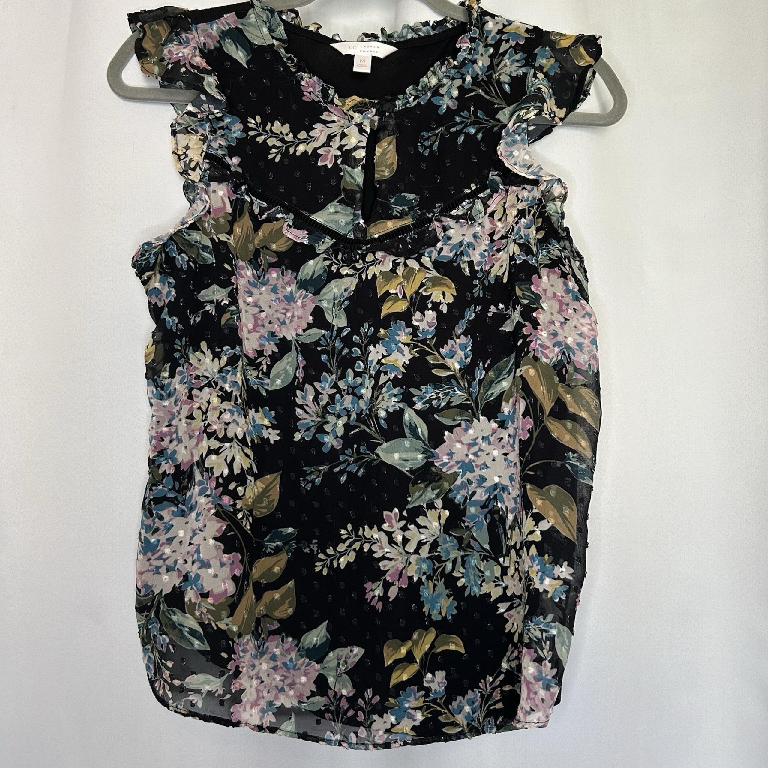 LC Lauren Conrad Medium Sleeveless Top Women Sheer Lined Ruffle Black Floral