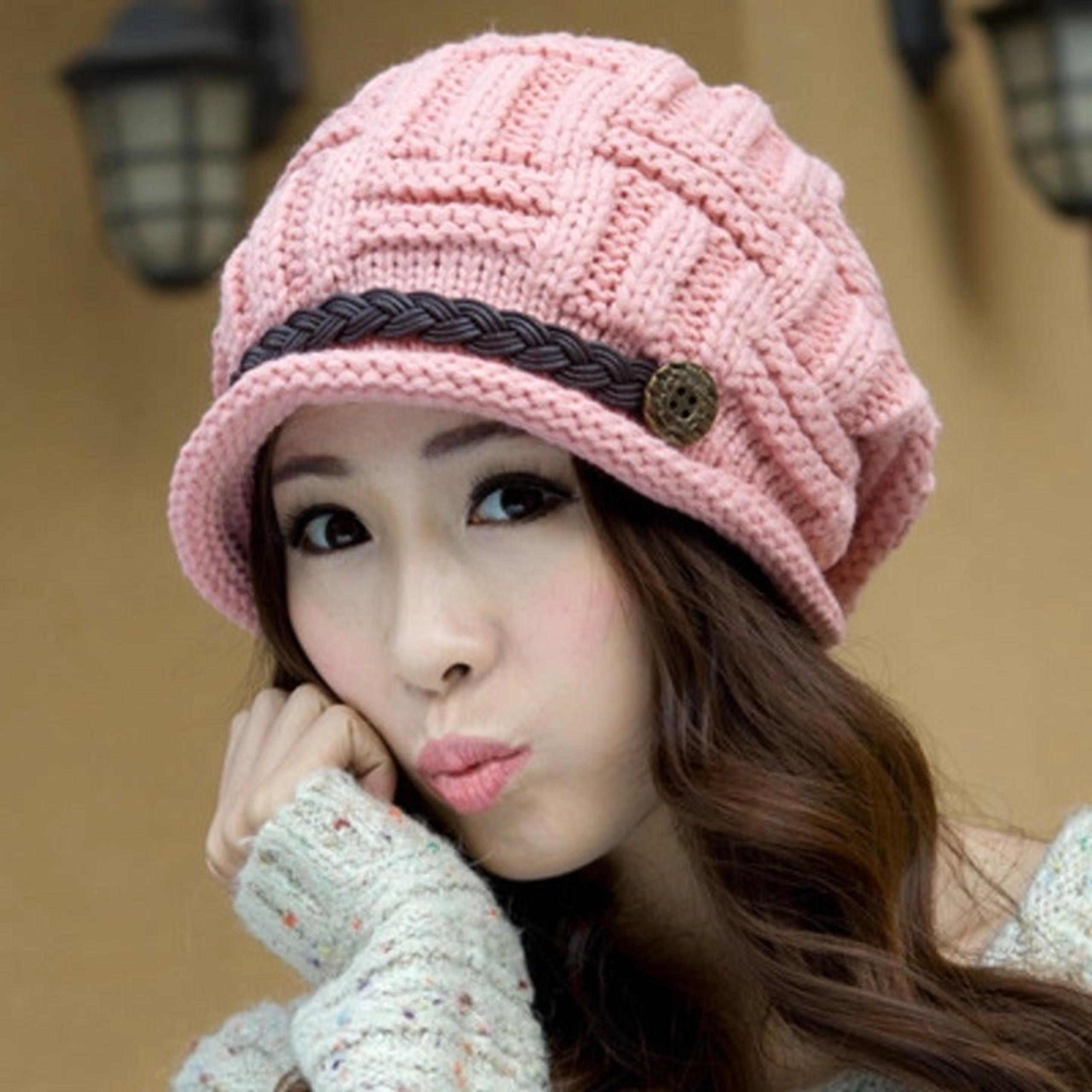 Cute Winter Knitted Button Braided Strap Ski Cap Beanie Hat