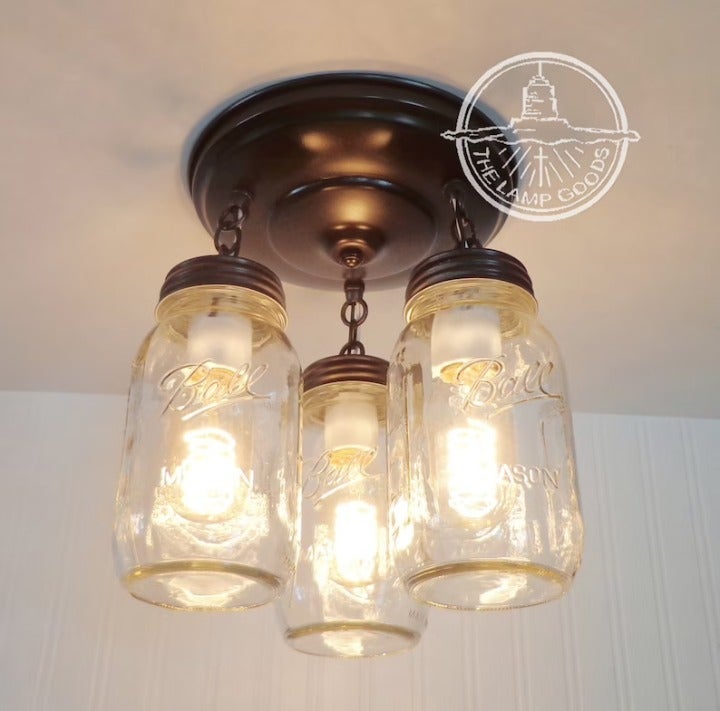95*5 Flush Mount Ceiling Light MASON JAR LIGHT New Quart Chain Trio