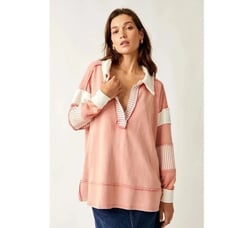 Free People We The Free Clean Prep Polo Rosetta Oversized Pullover- Size Large