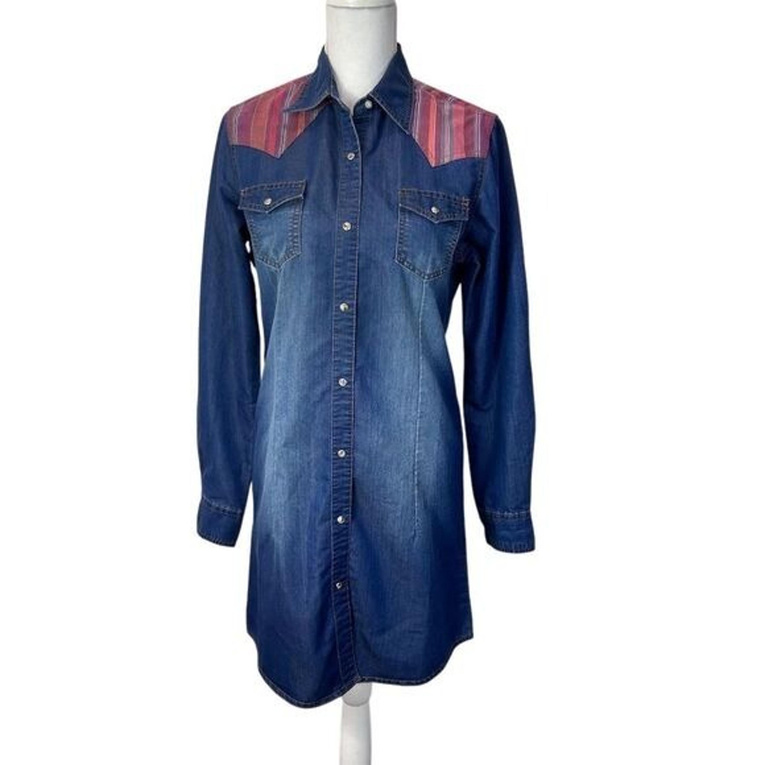 Wrangler Women's Aztec Western Denim Shirt Dress Blue Size S Petites