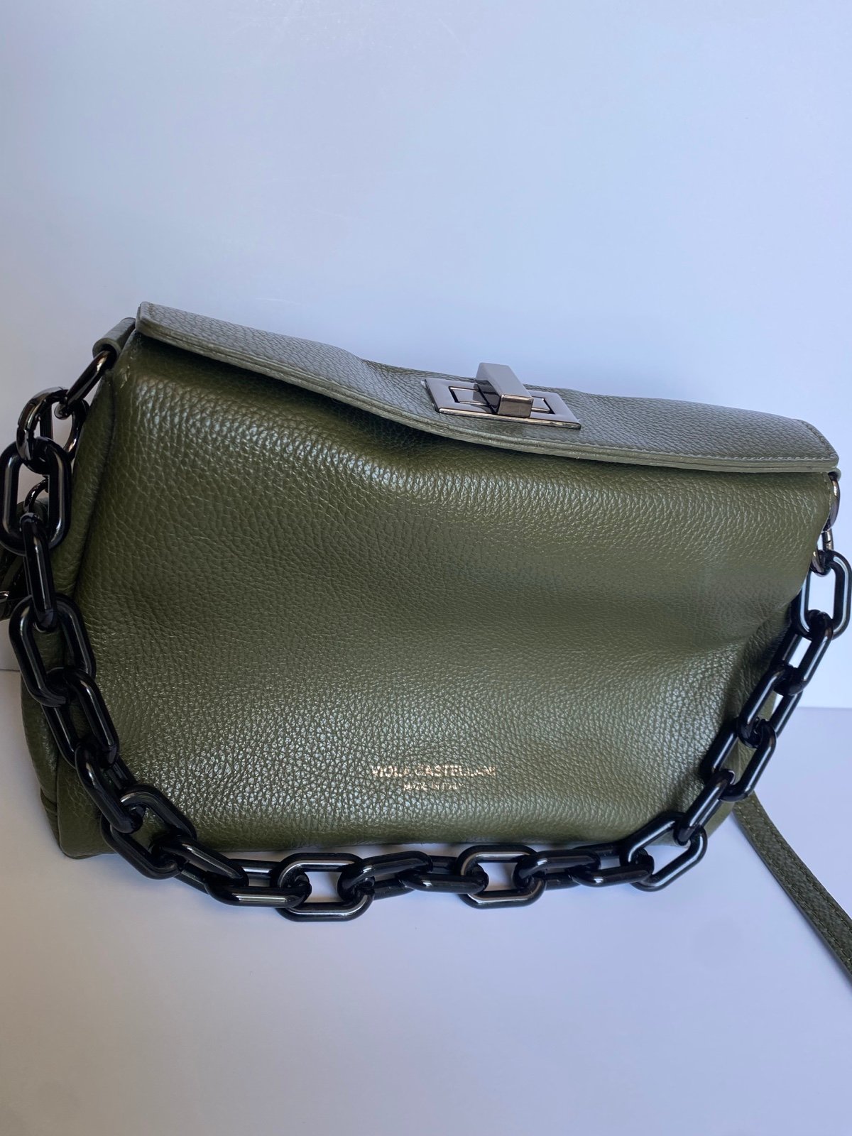 Viola Castellani Italian Olive Green Handbag Pebbled Leather Shoulder