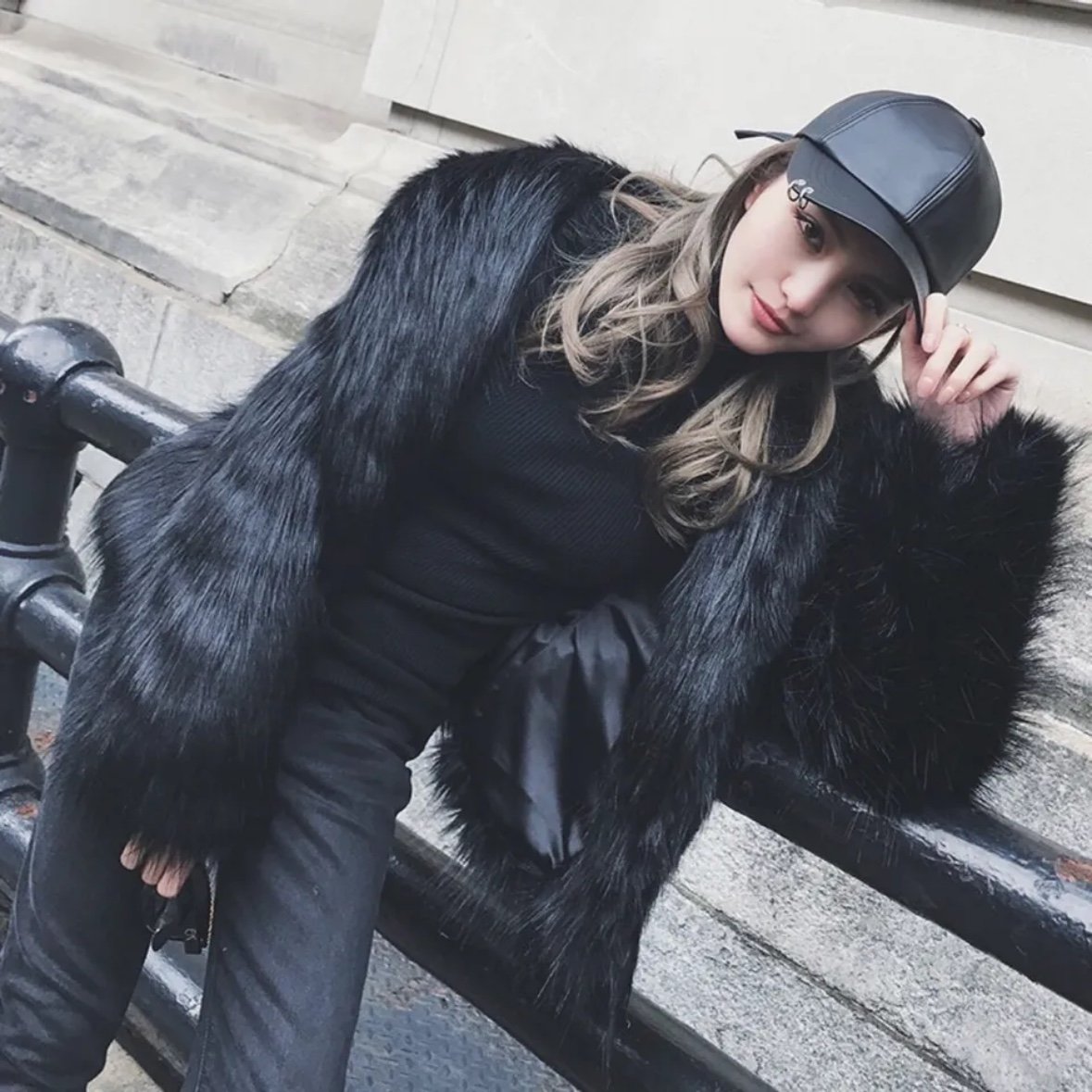 New Women Wool coat Fur Jacket Black Stone Flora Nice Quality H&M