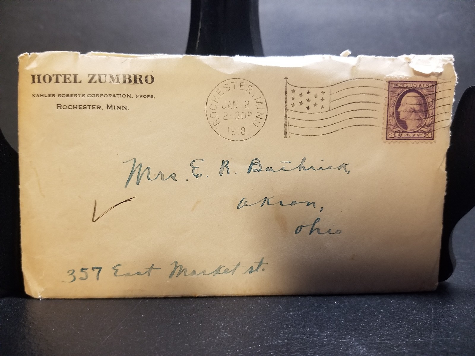 (RARE) 1918 WWI 4 Page Condolence Letter w/ Hotel Letterhead & Original Postage