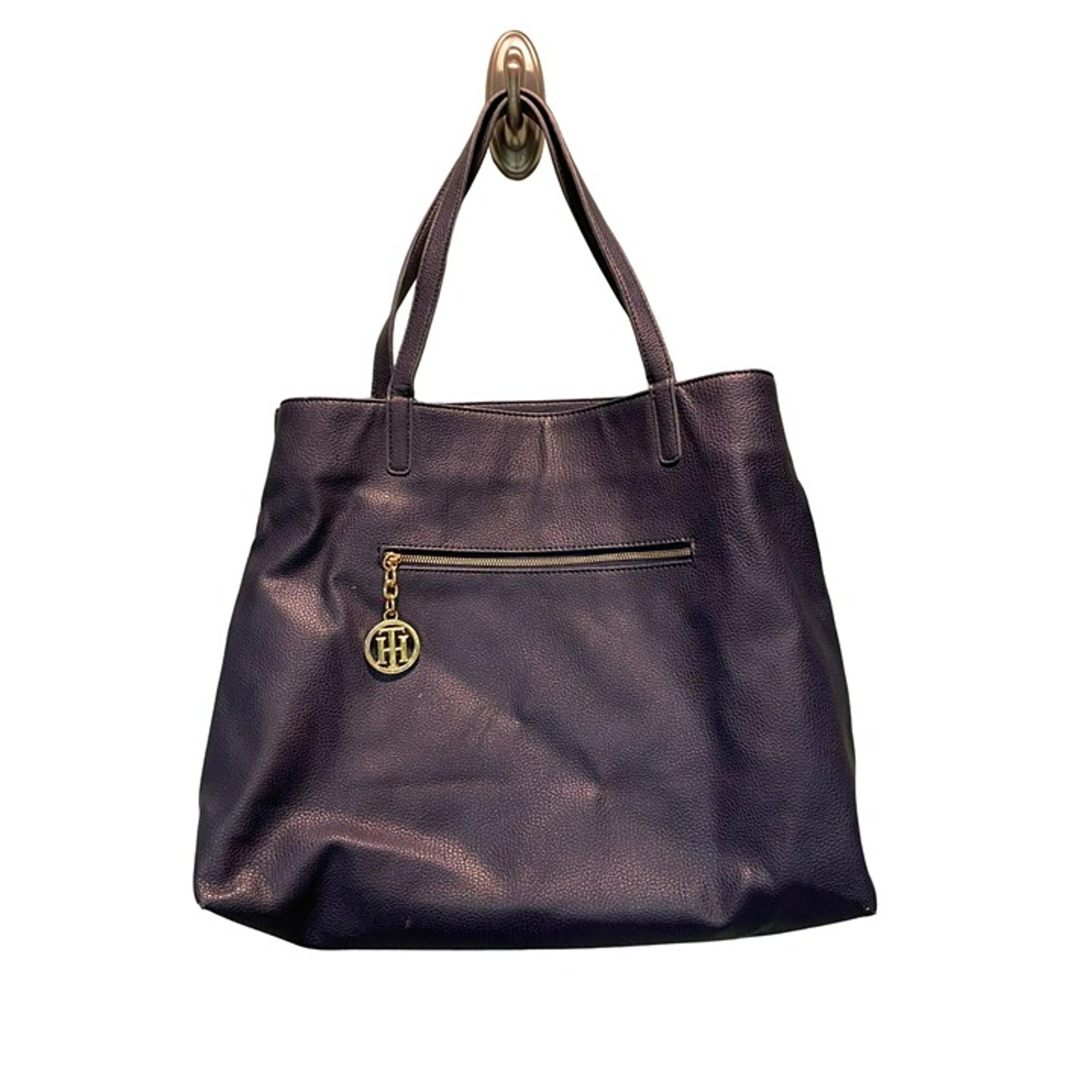 Tommy Hilfiger Navy Blue Synthetic Leather Tote Bag With Multiple Pockets & Gold