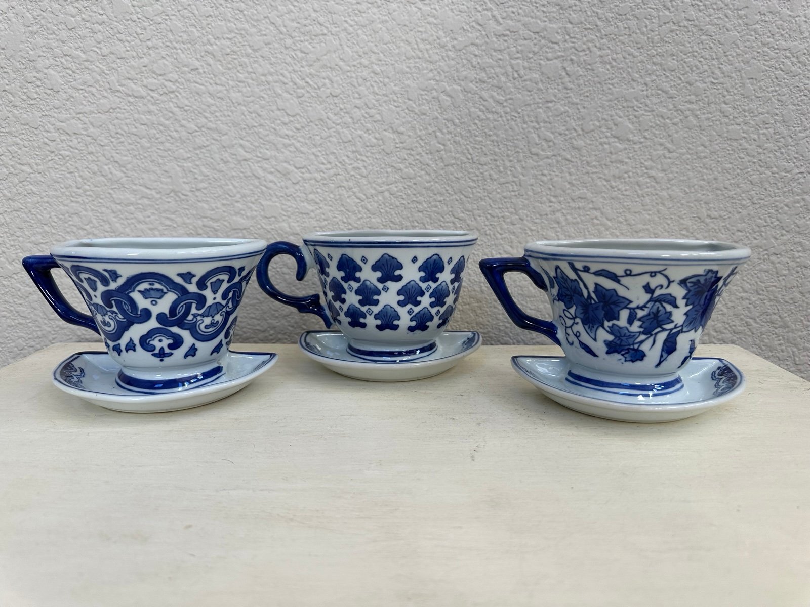 Vintage Silvestri Teacup Wall Planter Set/3 Porcelain Blue & White