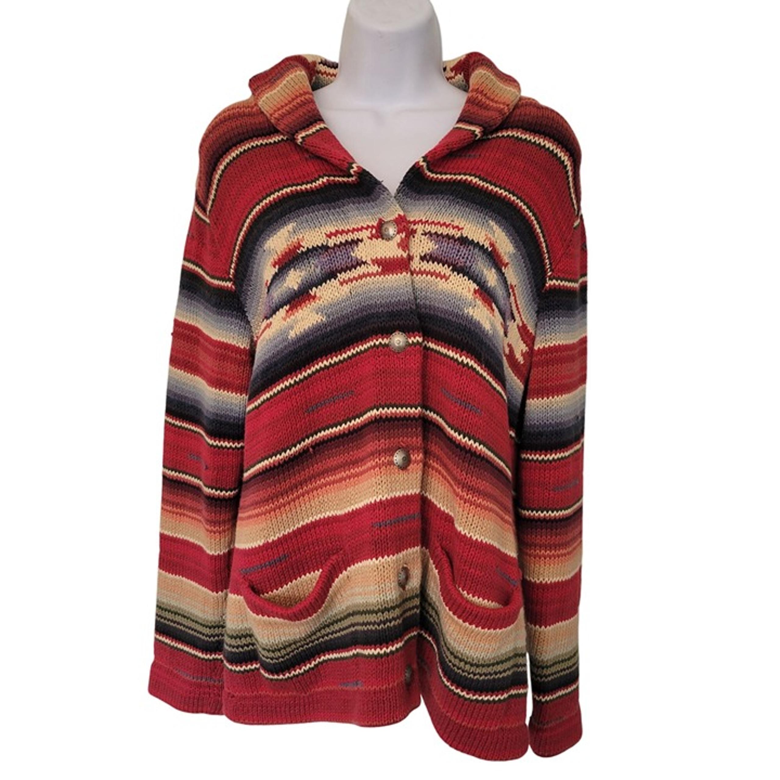 Ralph Lauren Hand Knit Southwest Aztec Print Red Striped Sweater Cardigan Shawl