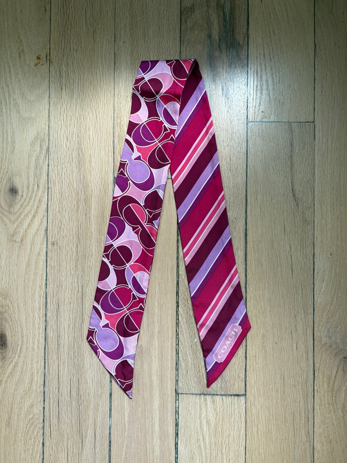 Coach Pink and Purple Signature C and Stripped Bag Scarf Twilly