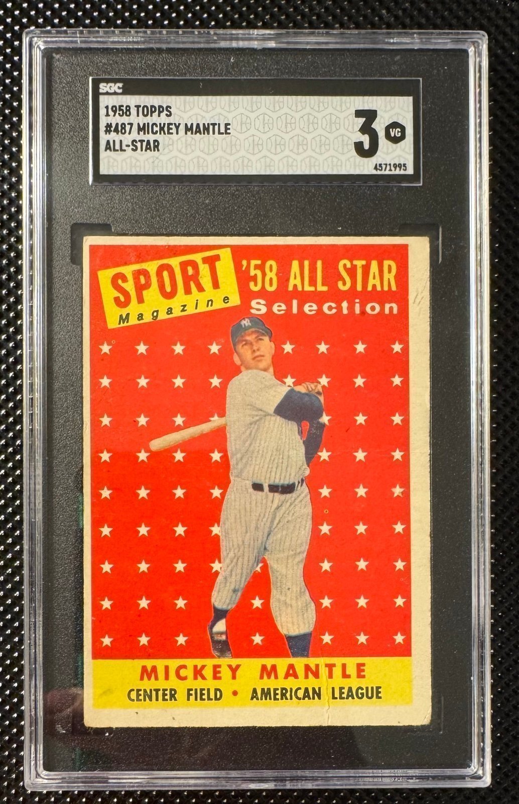 1958 TOPPS SPORT MAGAZINE ALL-STAR SELECTION MLB CARD 487 MICKEY MANTLE SGC 3 VG