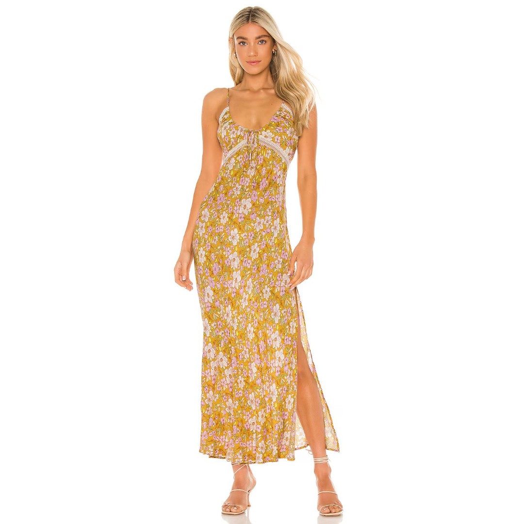 Free People Yellow All I Wanted Maxi Slip Floral Dress Sz M Retro Boho Vacation