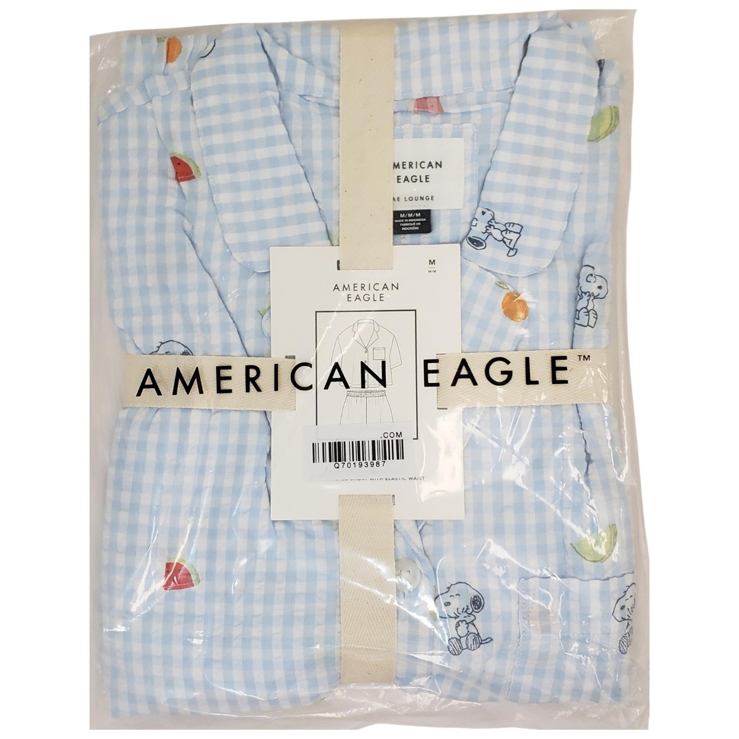 AMERICAN EAGLE Women's Snoopy Fruit Seersucker Pajama Set Blue NWT