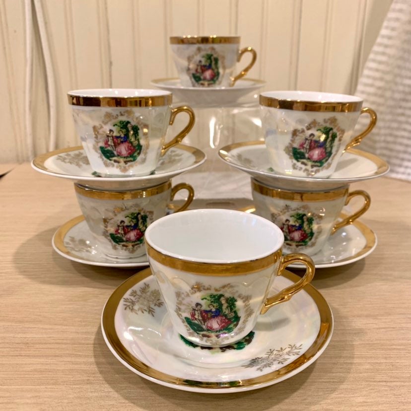 Set of 6 Vintage Yusui Fine Porcelain Cups & Saucers Iridescent Demitasse Espres