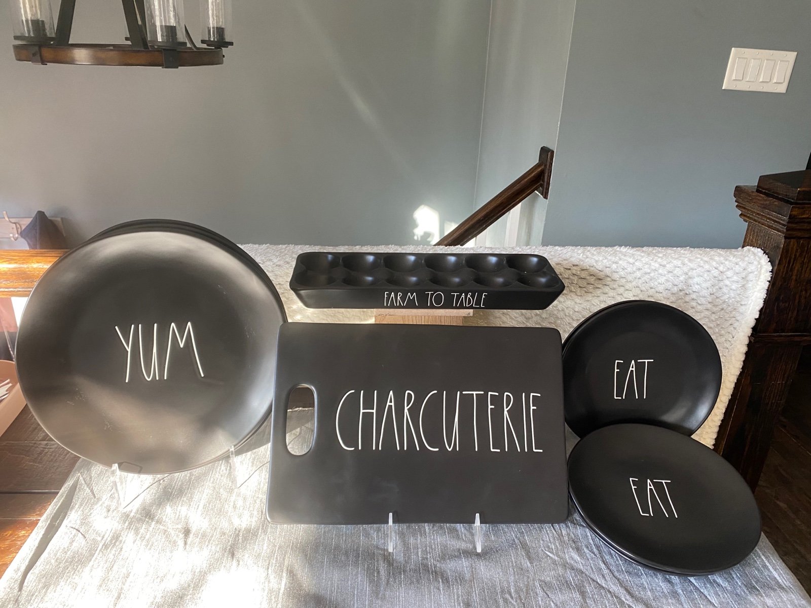 Rae Dunn black bundle (plates, egg holder, charcuterie)