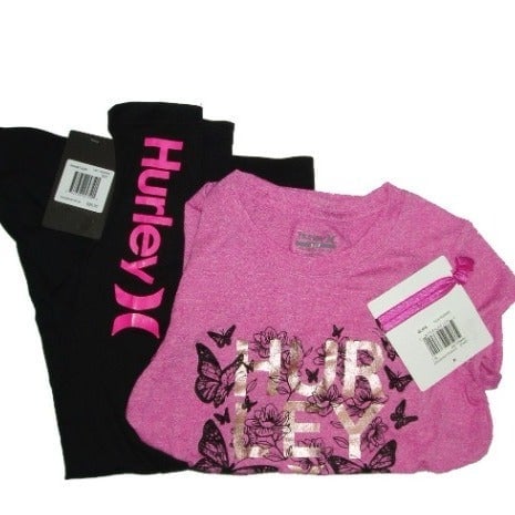 M (8-10) Pink Black Hurley Butterfly Tee Legging Hair Tie Youth Girl Sport