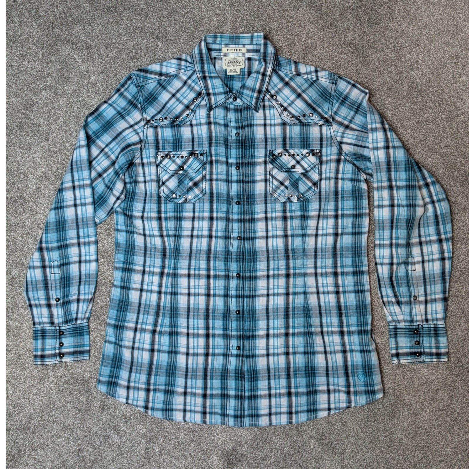Ariat Western Plaid Studded Flannel Fitted Long Sleeve Blue Shirt Women's XL