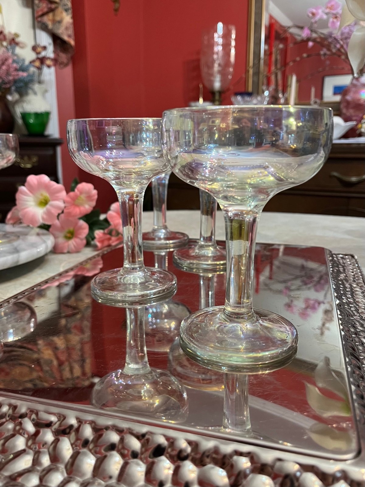 4 VTG Iridescent Optic Glass MCM Crystal Champagne Coupe Low Sherbet Glass Set