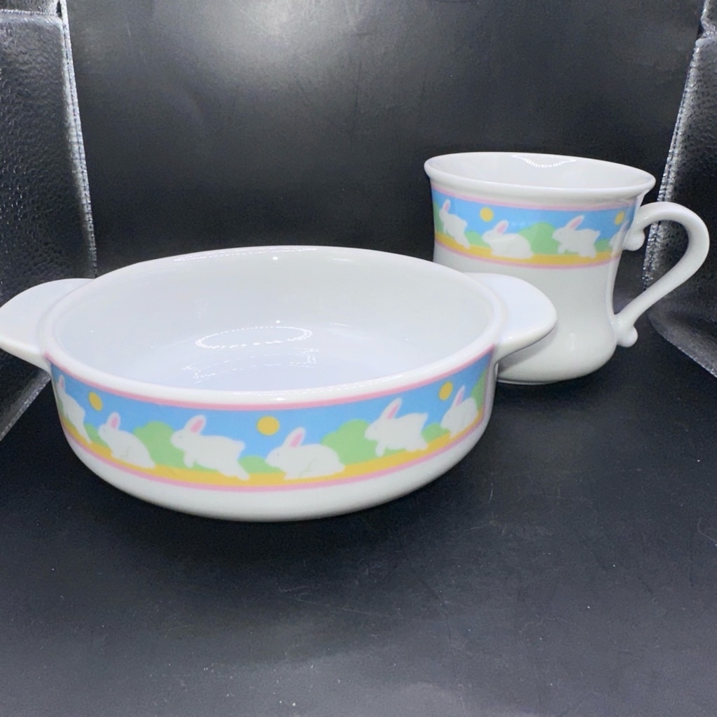 Vintage Teleflora Bunny Rainbow Child's Ceramic Bowl and Cup Set Japan