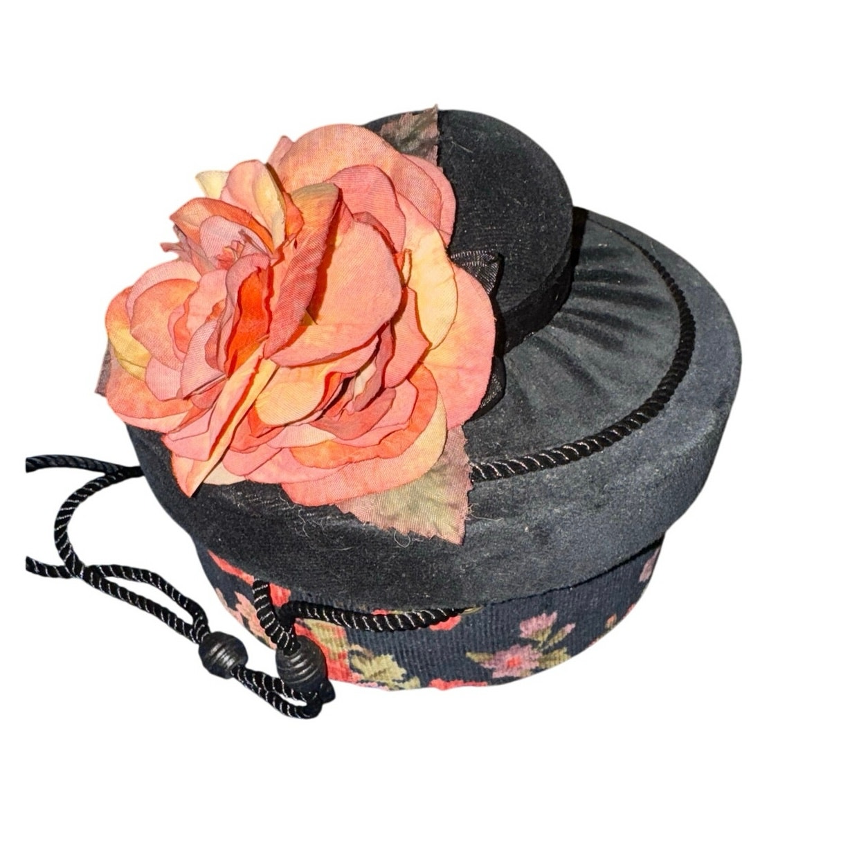 Sewing Hat-Box Purse / Velvet / Floral / Vintage / EUC