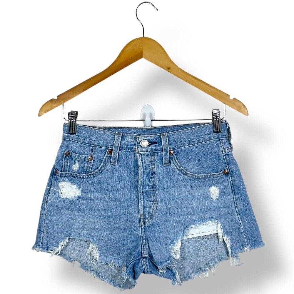 Levi's 501 Denim Shorts Distressed Rips Frayed Hem Light Wash Women's W25