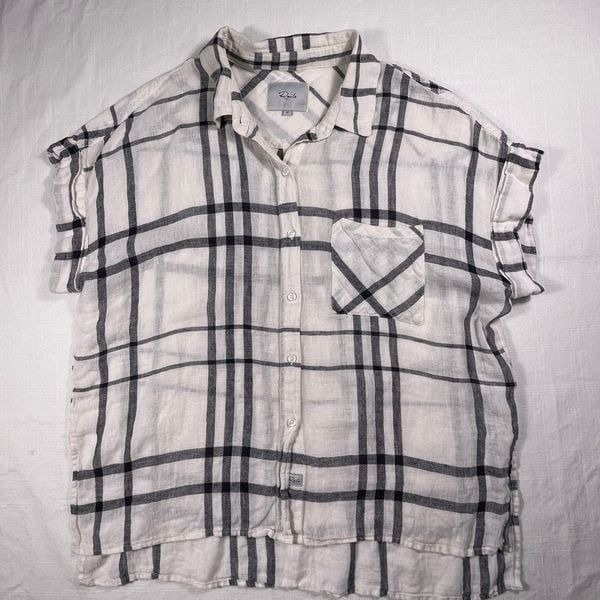 Rails Whitney Vanilla Navy Plaid Short Sleeve Linen Button Up Shirt Size Medium