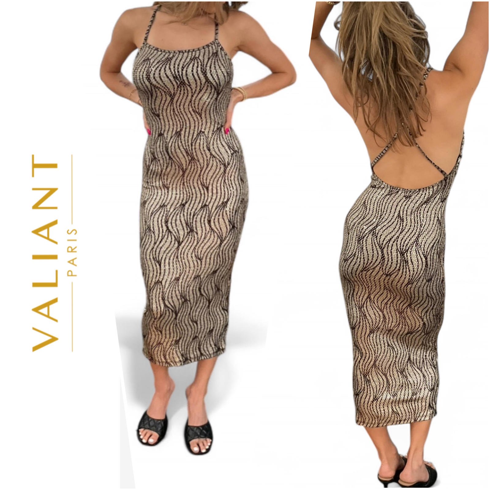NWT VALIANT PARIS | SZ L | Stunning Bodycon Gold Black Midi Dress. MSRP 148
