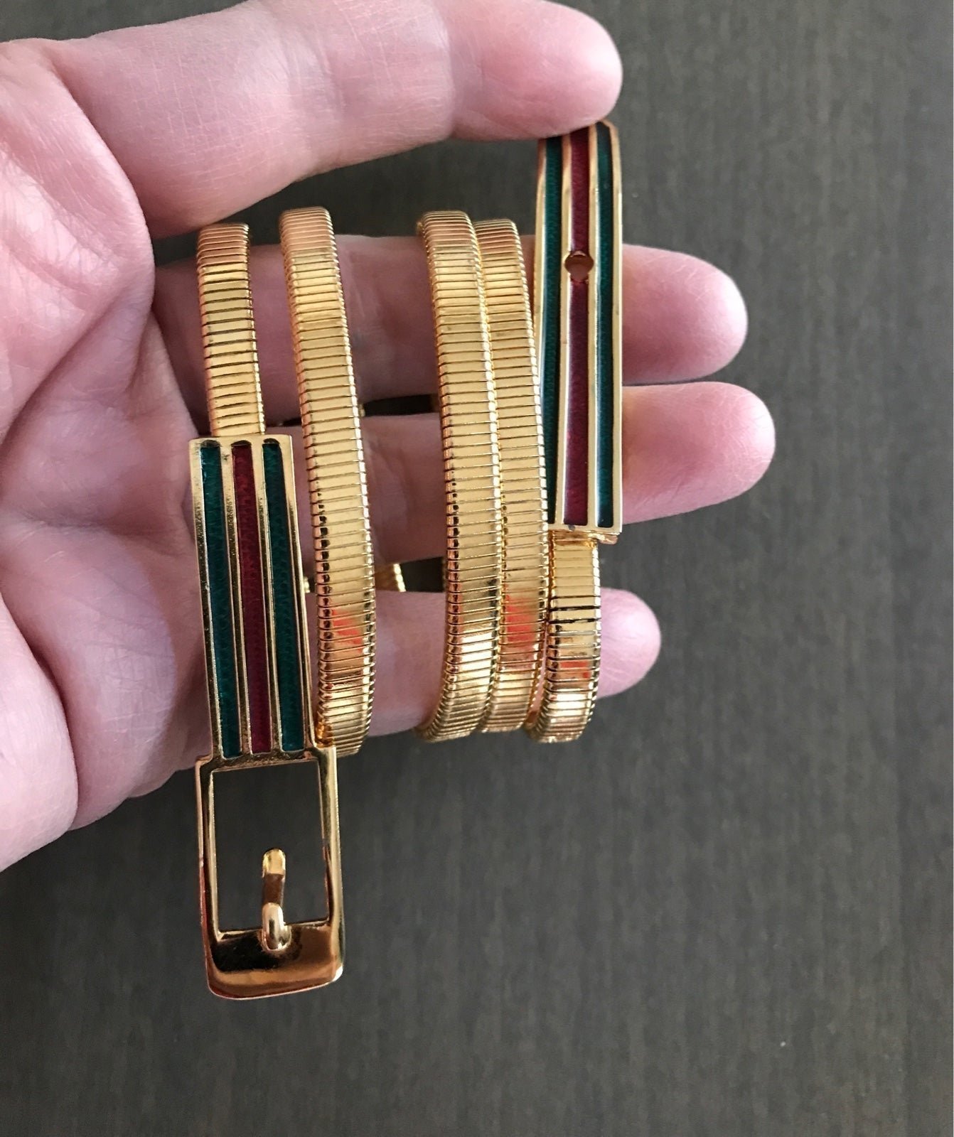 Vintage Accessocraft NYC Red Green Enamel Buckle Gold tone Woman Belt