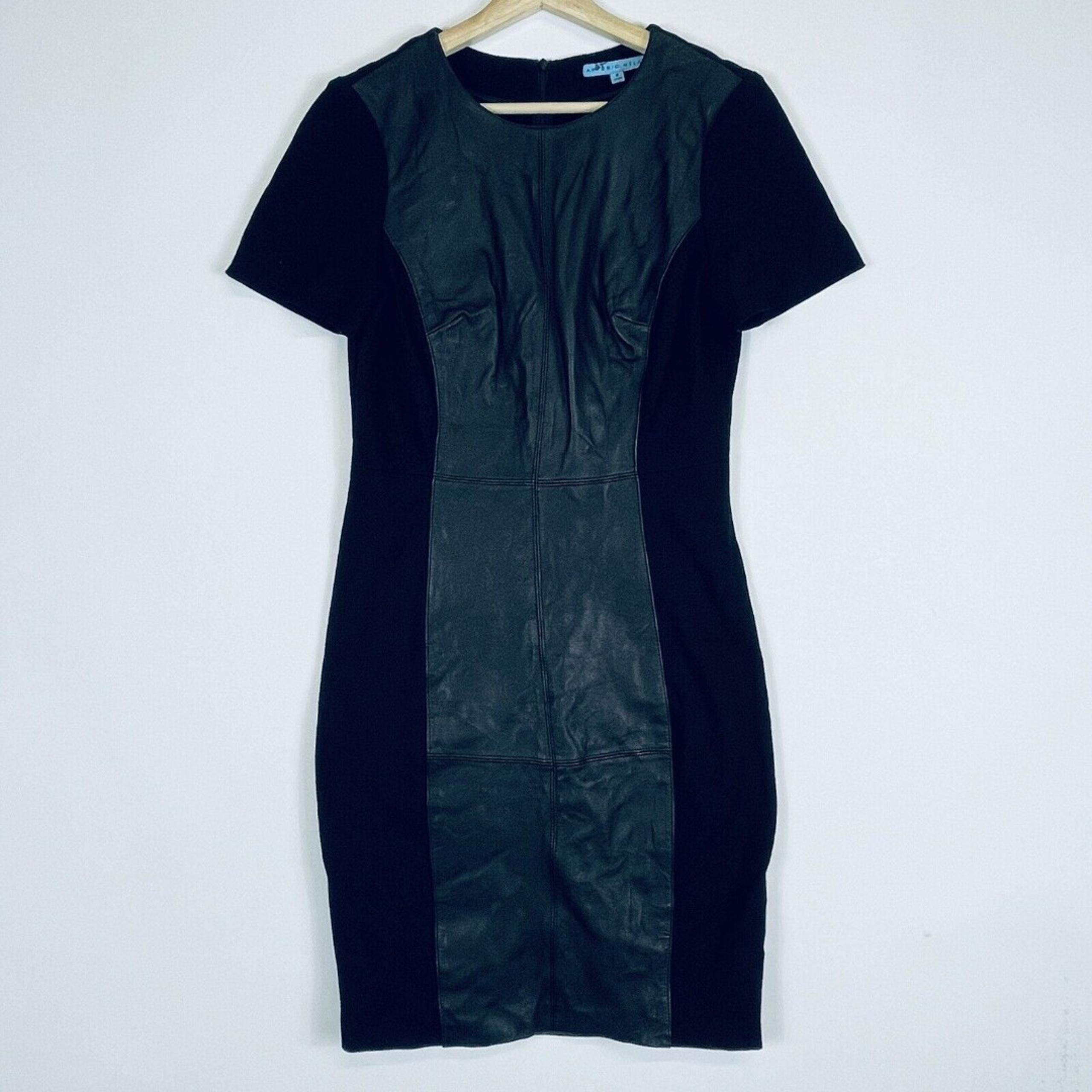 Antonio Melani Black Leather Front Short Sleeve Sheath Shift Dress Womens Sz 8