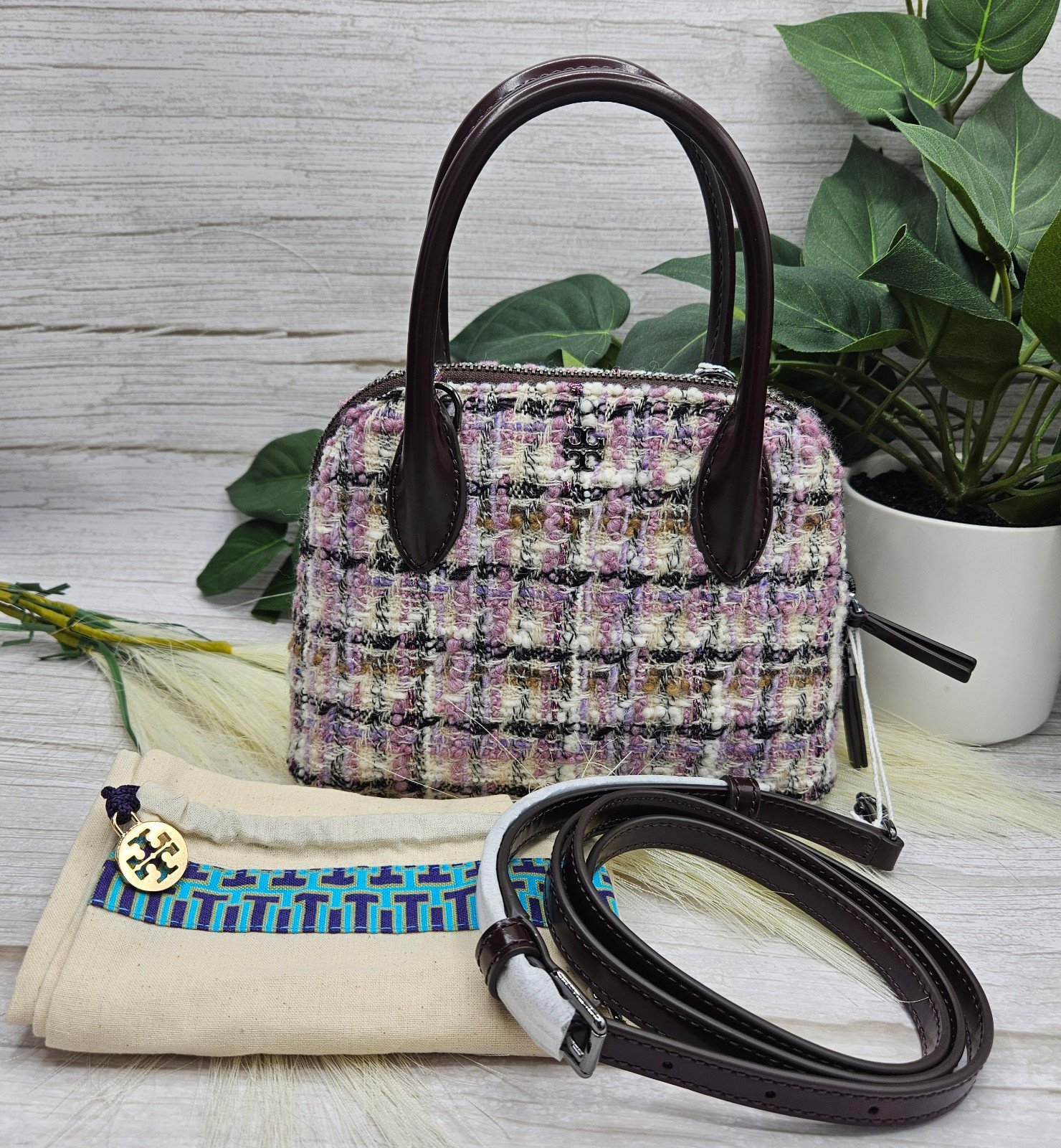 Tory Burch Emerson Tweed Dome Satchel Crossbody with dust bag retail 428 nwt