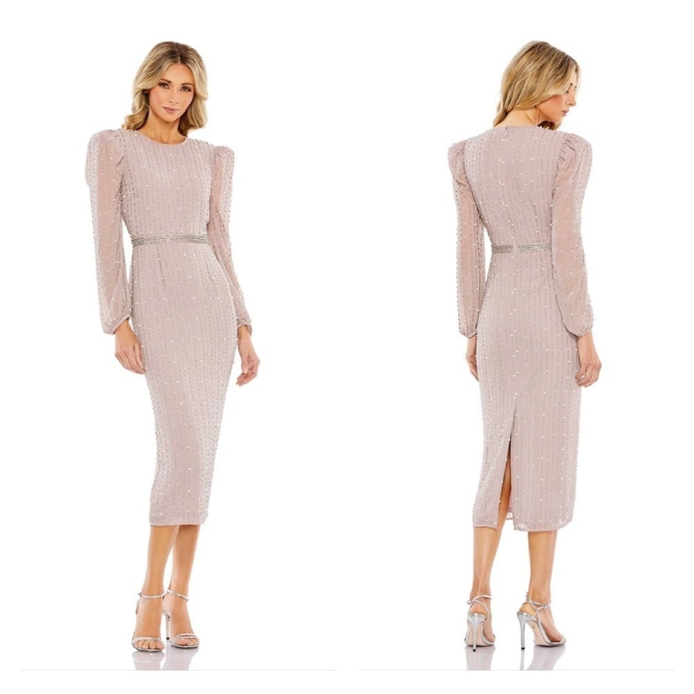 Size Mac Duggal 93622 NWT LONG SLEEVE PUFF SLEEVE BEADED MIDI DRESS