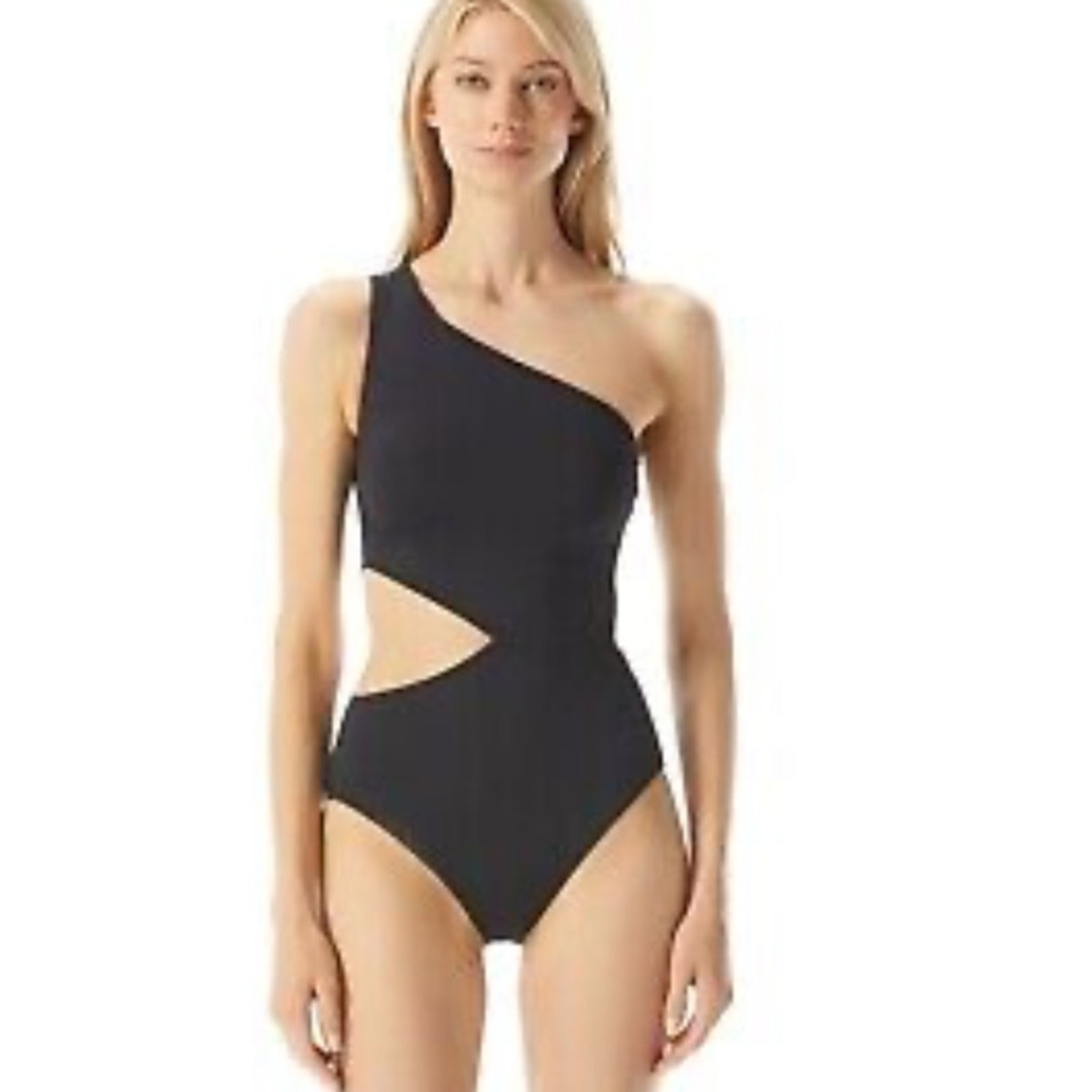 NWT Michael Kors Ribbed Cut Out One Shoulder Black One Piece Size 14
