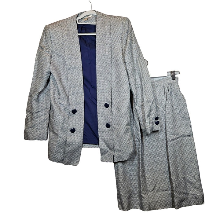 bankers club shirt suit womens 8 black white tweed open jacket shoulder pads mid