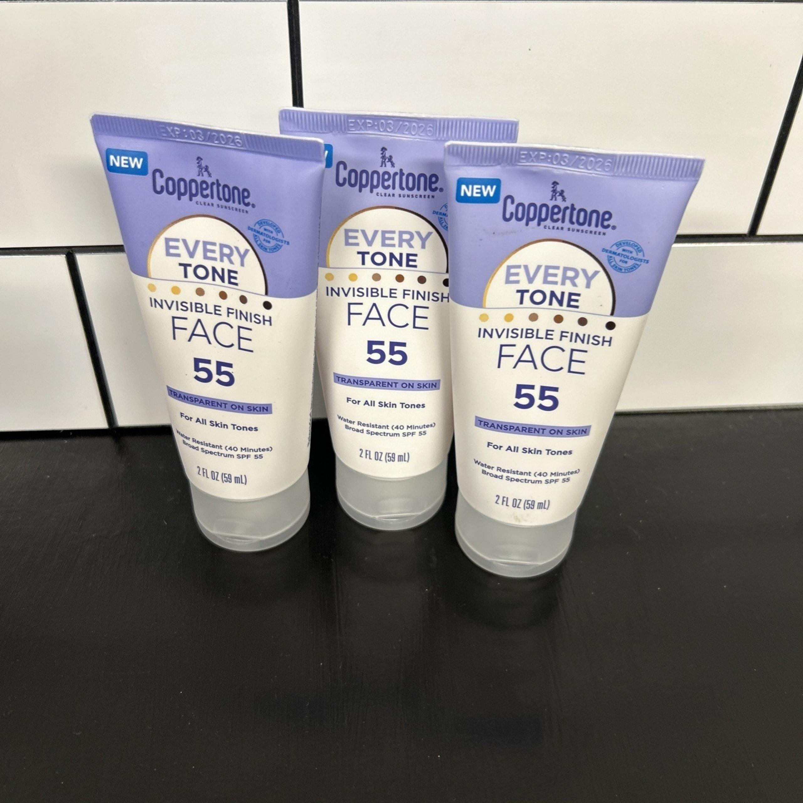 3 Coppertone Every Tone Invisible Finish Face Sunscreens SPF 55 Expires 3/26