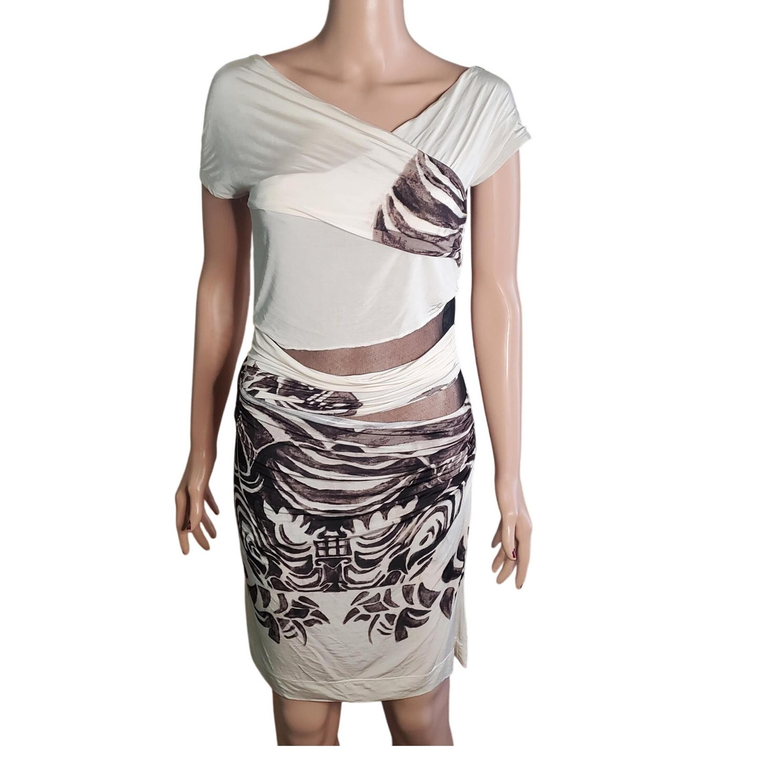 Just Cavalli Size 6 (42) Scroll Pattern Geo Scroll Black/Cream Mesh Panel Dress