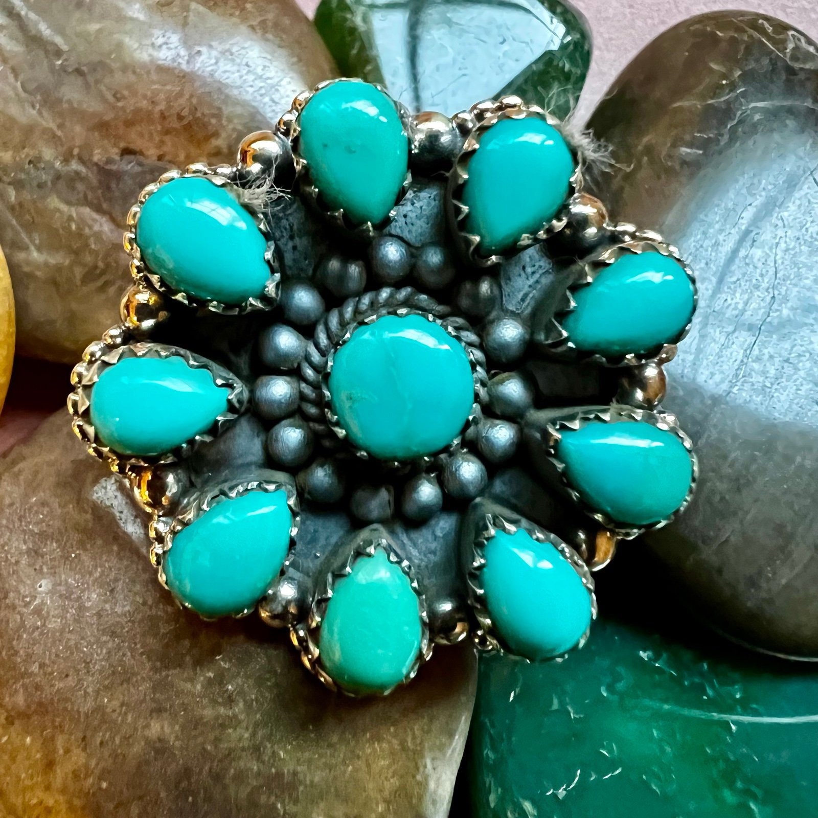 Southwestern Sterling Silver & Kingman Turquoise Cluster Statement Ring Sz 8.75