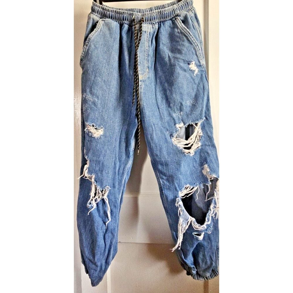 Free People Womens Sloane Destructed Denim High Rise Jogger Jeans Sz Small Blue