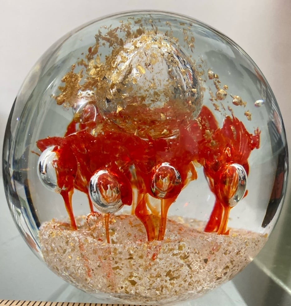 Gorgeous Controlled Bubbles Orange Red Gold Flecks Art Glass Paperweight