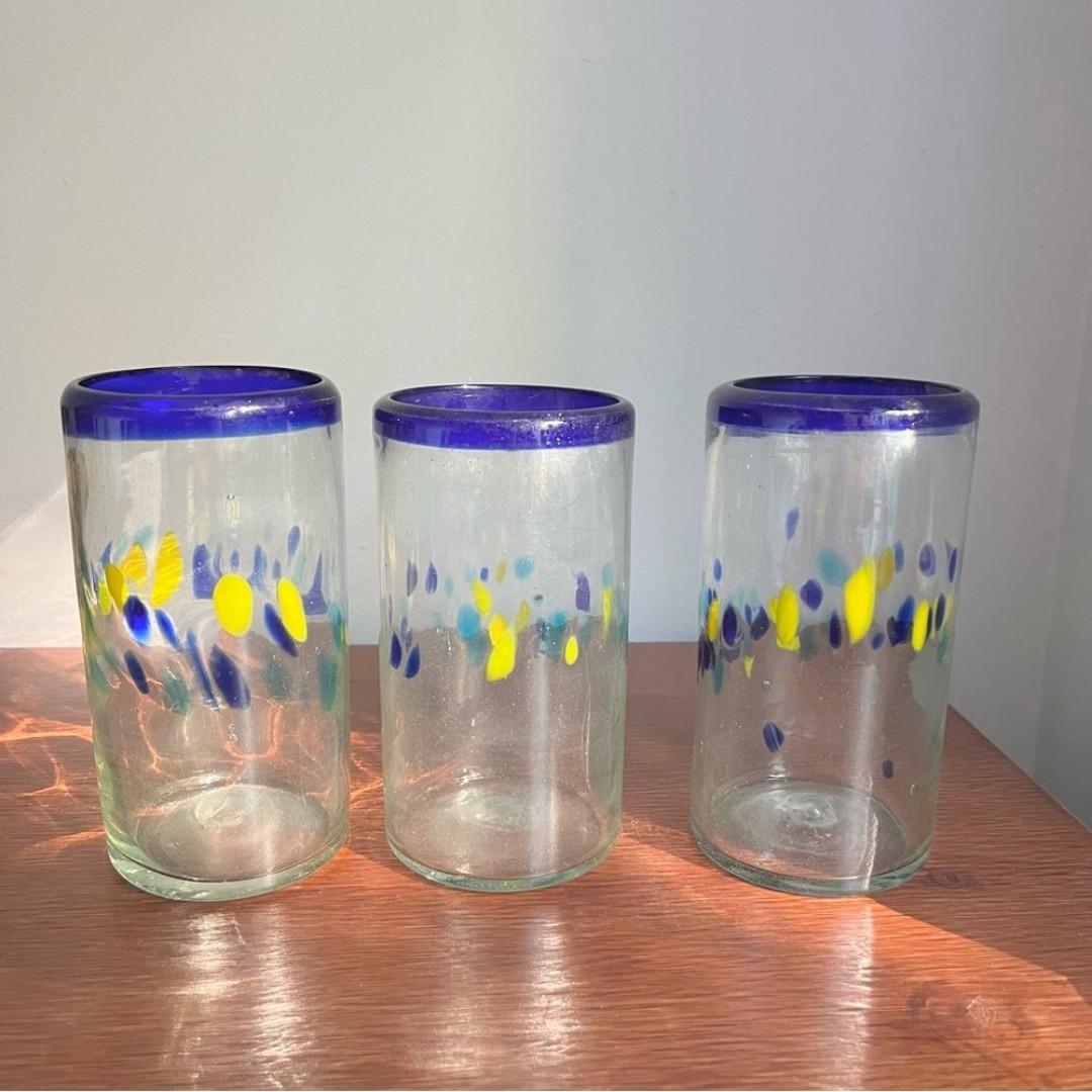 Hand Blown Mexican Cobalt Rimmed Large Tumblers Blue Yellow Confetti Set Of 3