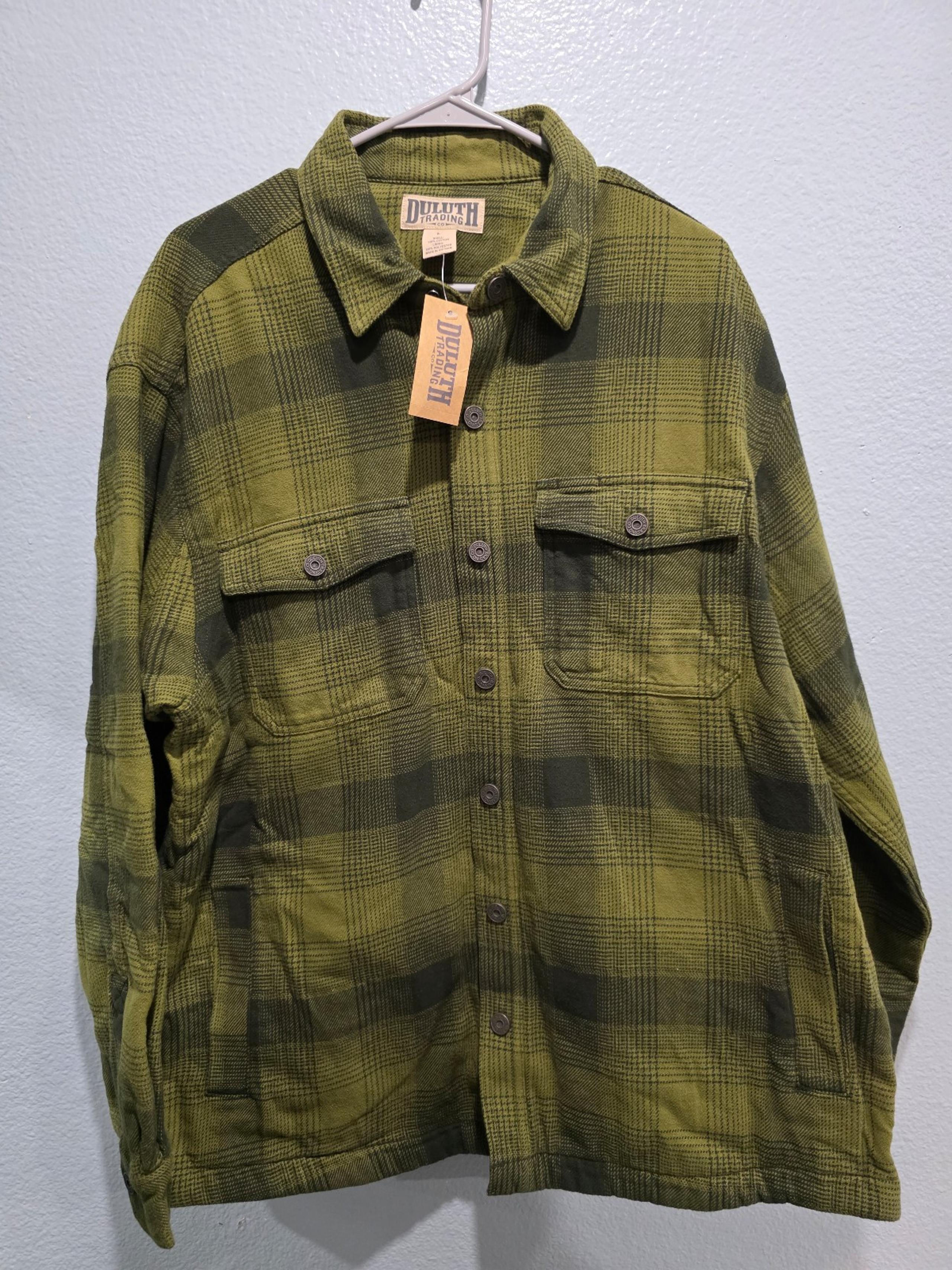 Duluth Trading Shirt Jacket Flapjack Fleece Lined Mens L Green Plaid. NWT.