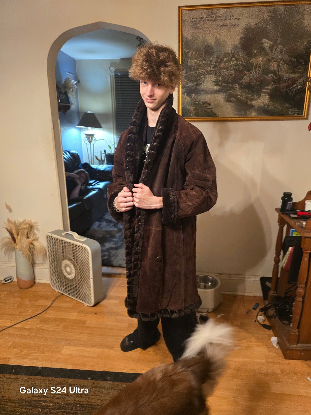 Suede brown coat fur lined