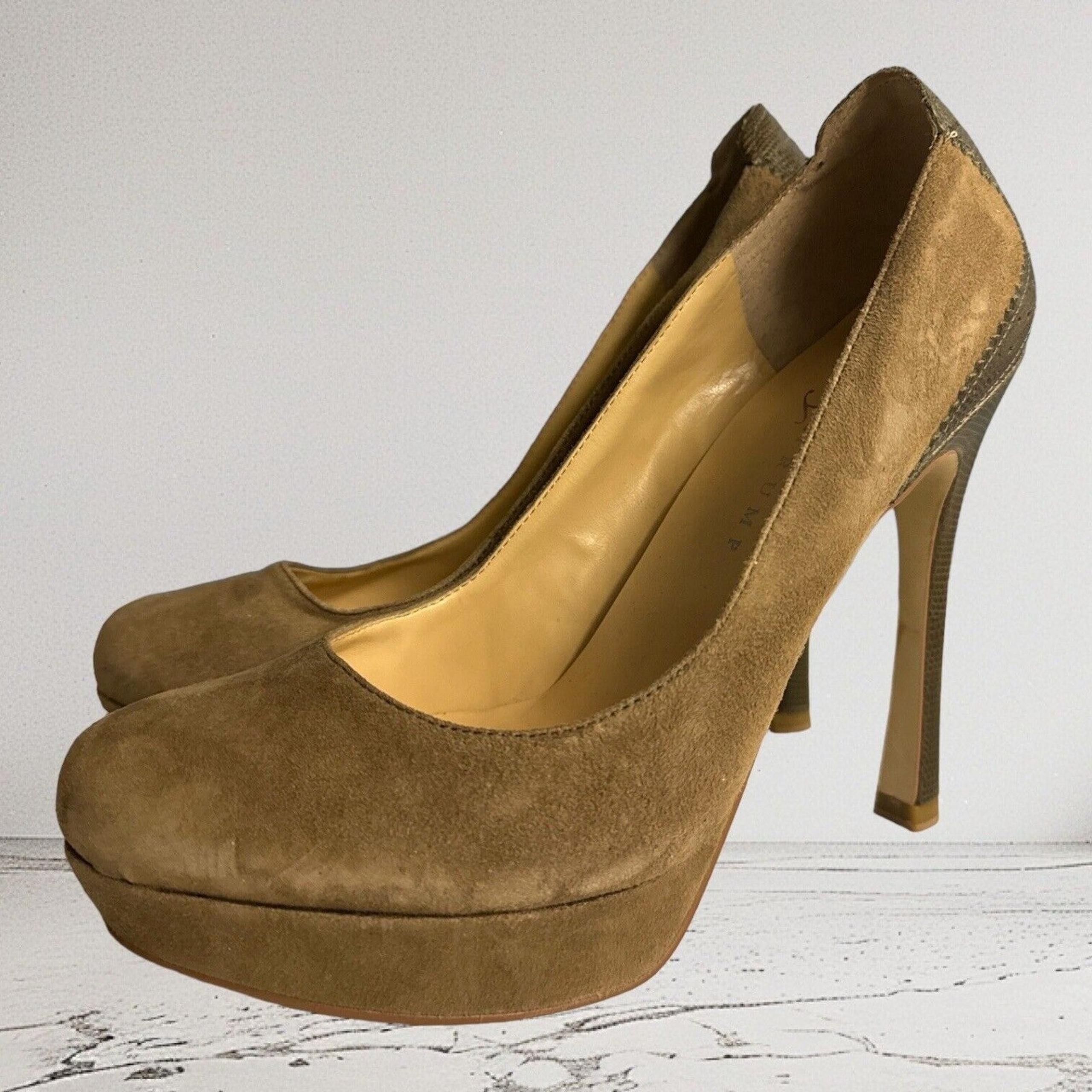 IVANKA TRUMP Women’s 7.5 Tan and Moss Suede Almond Toe Platform Heels $134