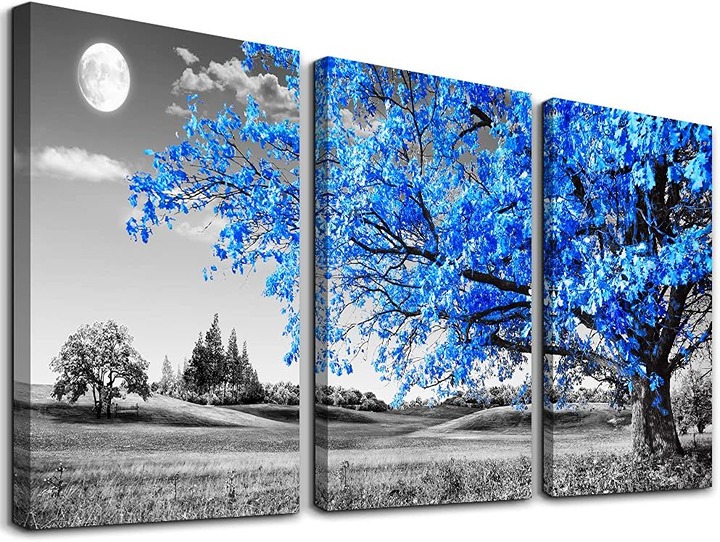 Art black and white Blue tree moon Canvas Wall artwork12 x 16 3 Pieces-Home12
