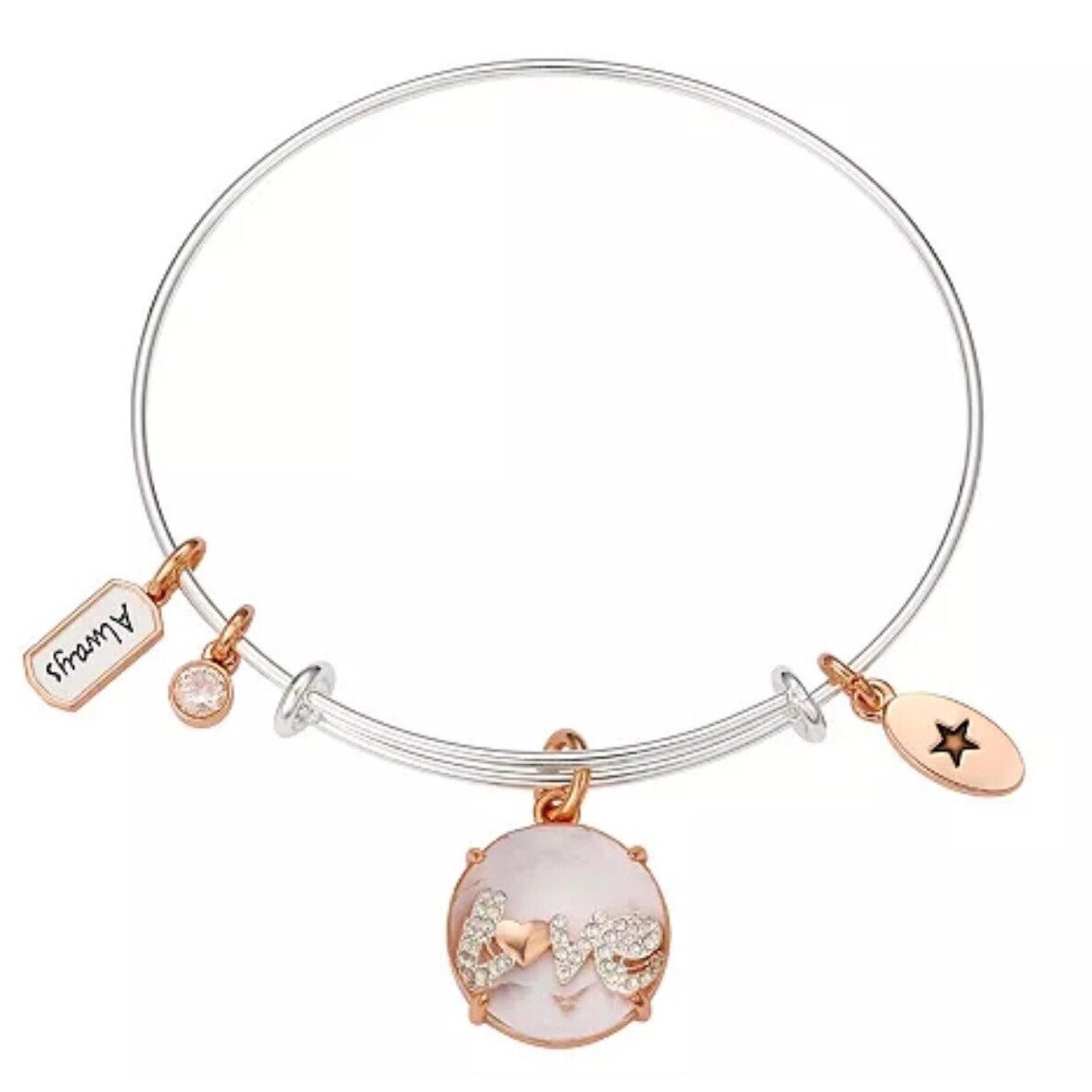 Unwritten 14K Rose Gold Plated Bangle Bracelet Stainless Steel Love Charm Trendy
