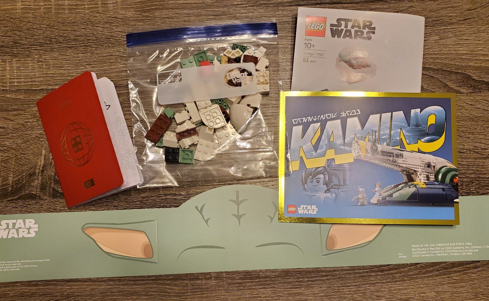 Lego Exclusives Buildable Gogru, Kamino Postcard, lego passport, and Gogru ears