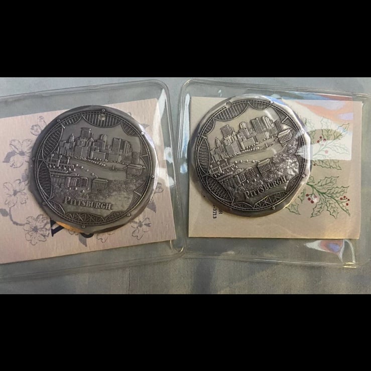 Wendell August Christmas Ornament. Lot Of 2. 2”. Silver. Pittsburgh City Skyline