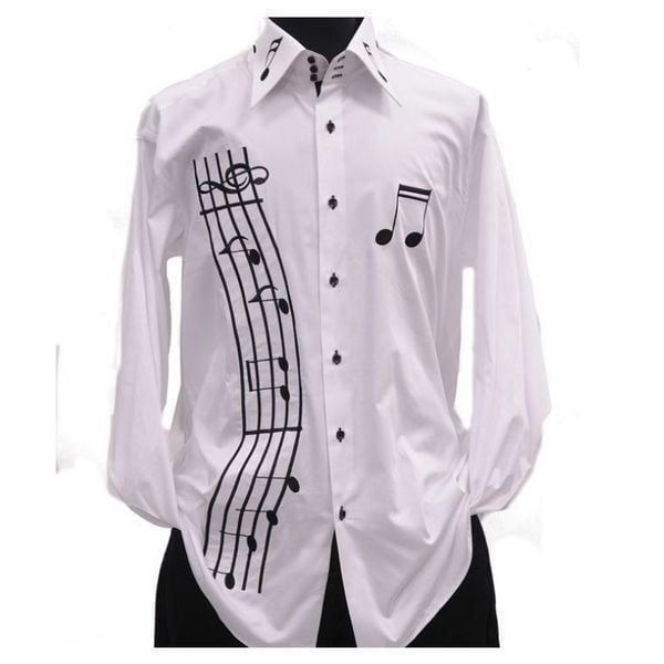 Axxess White Cotton Black Music Notes Embroidery High Collar French Cuff Shirt 3