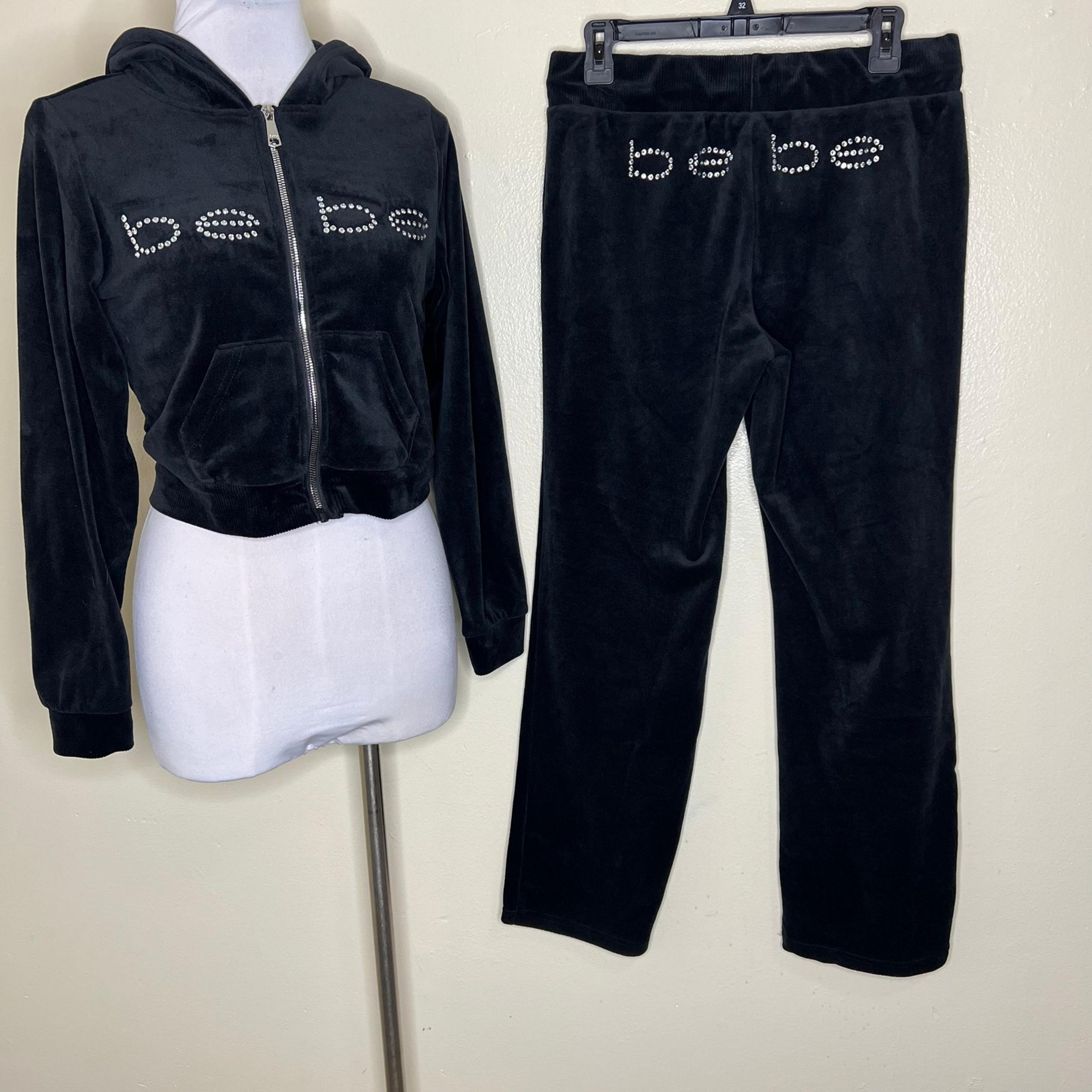 Bebe Velour Rhinestone Logo Tracksuit LARGE Velvet Hoodie & Pants Y2K Black NEW