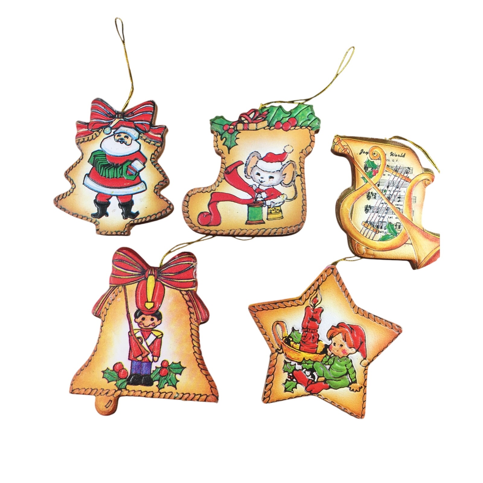 Vintage Christmas Tree Leatherette and Wood Ornaments 1970's