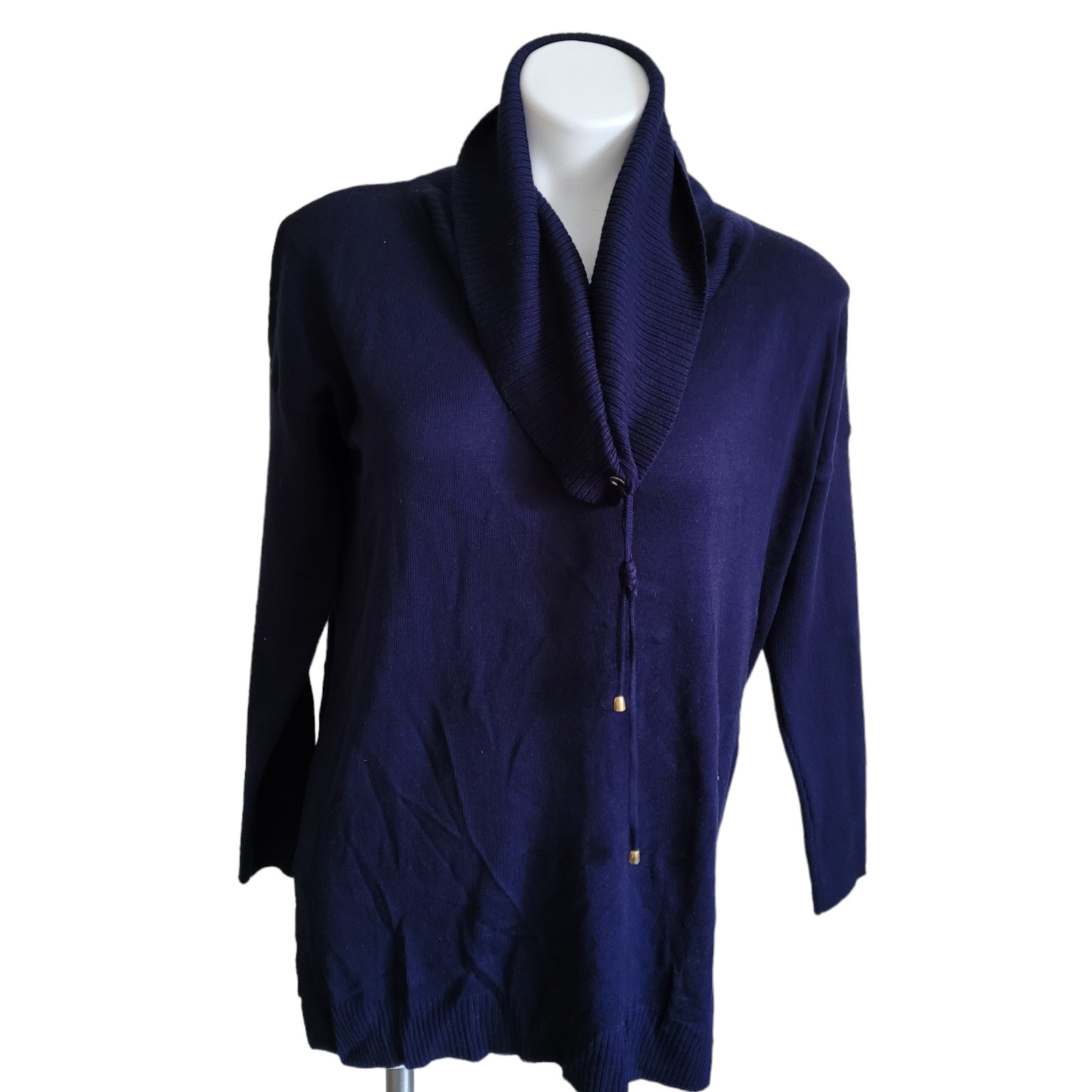 Cupio Small Sweater Cowl Neck Blue Side Slits Drawstring Runs Larger See Measure