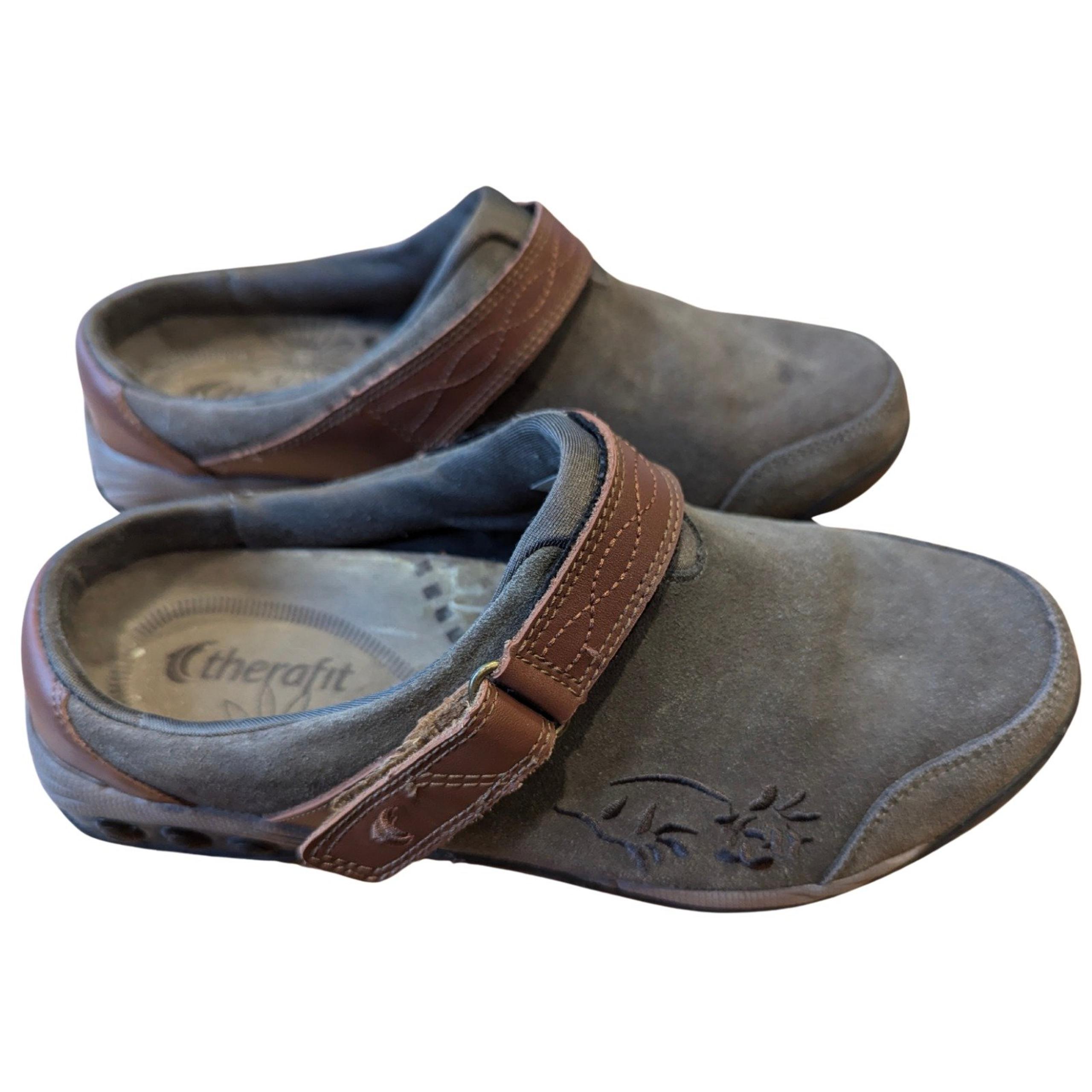 Therafit Aspen Clog Womens Taupe Suede Slip On Embroidered Comfort Shoes Sz 9 US